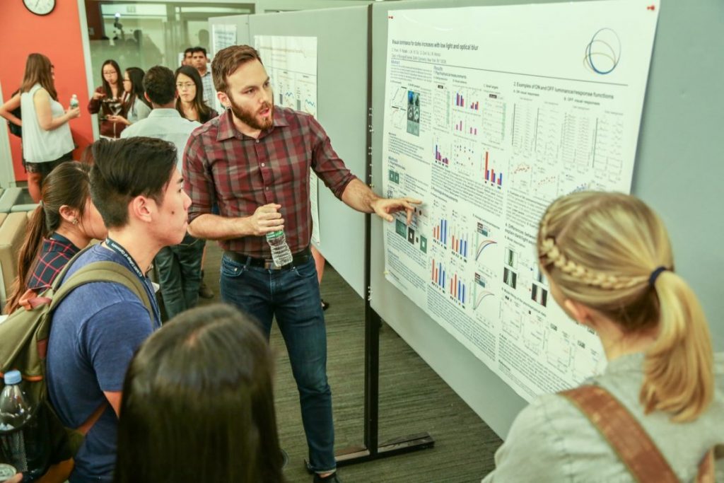 Students look over graphs and talk