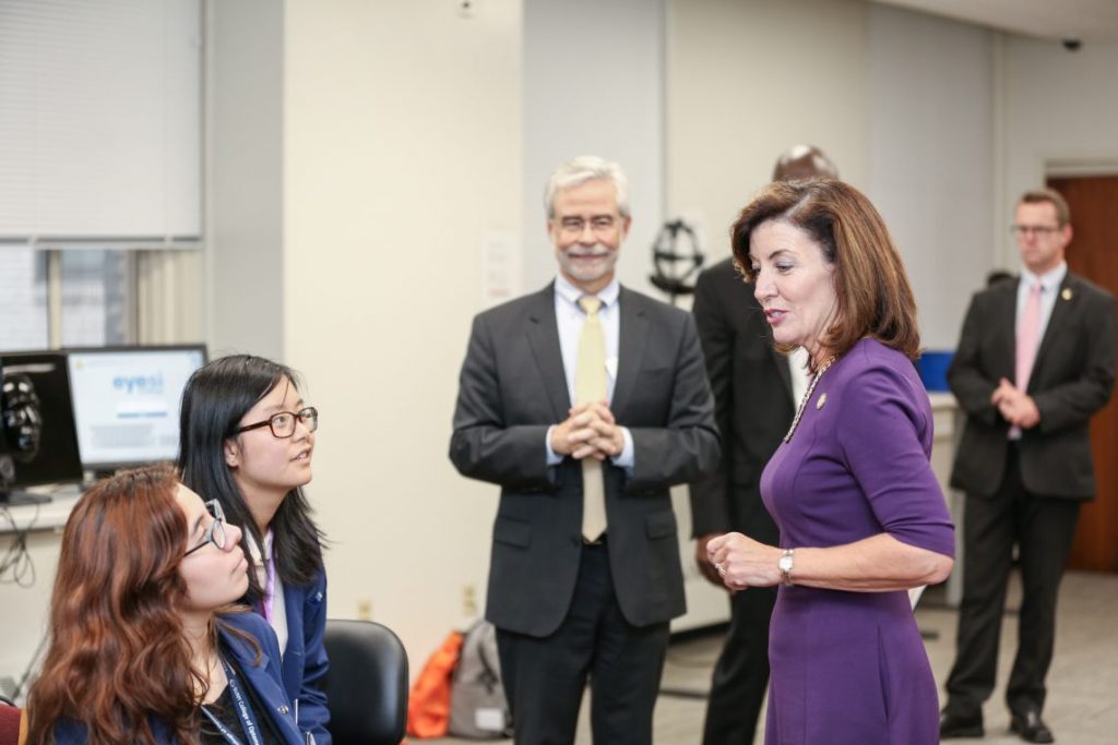 Lieutenant Governor Kathy Hochul talking to students