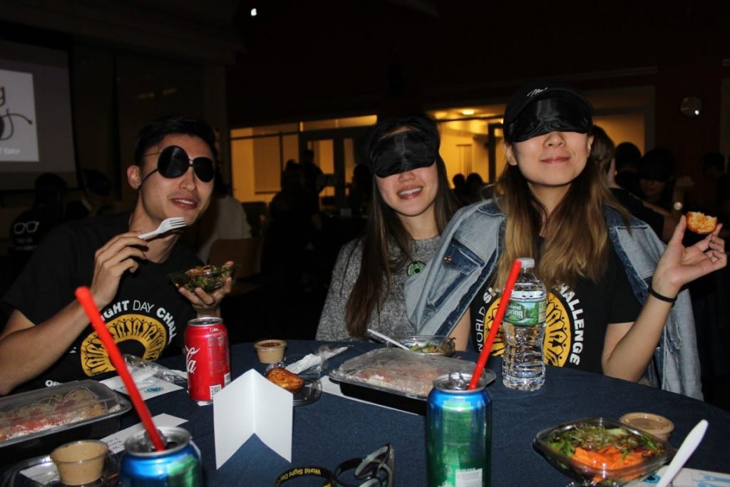 Blindfolded people eating